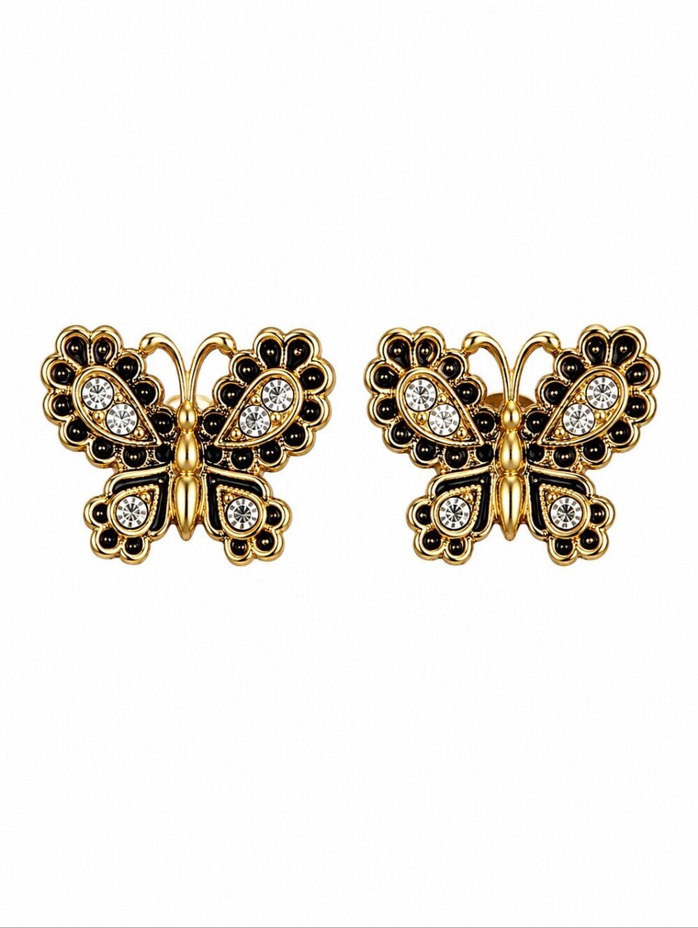 VTG AVON Goldtone Black Rhinestone Butterfly Fairycore Post Earrings